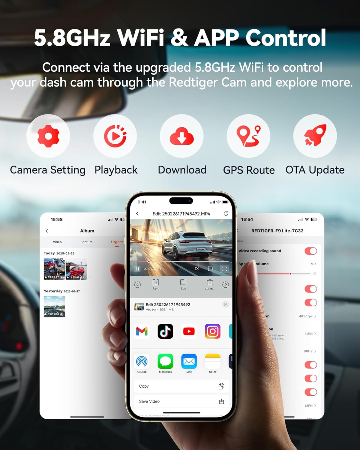 REDTIGER F9 Dash Cam 4K Front and Rear 1080P with Smart App Control,Dual Dash Cam for Cars with 32GB SD Card,GPS,Built-in WiFi,Night Vision,Parking Monitor,Loop Support 256GB Max
