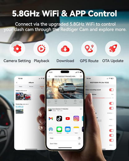REDTIGER F9 Dash Cam 4K Front and Rear 1080P with Smart App Control,Dual Dash Cam for Cars with 32GB SD Card,GPS,Built-in WiFi,Night Vision,Parking Monitor,Loop Support 256GB Max