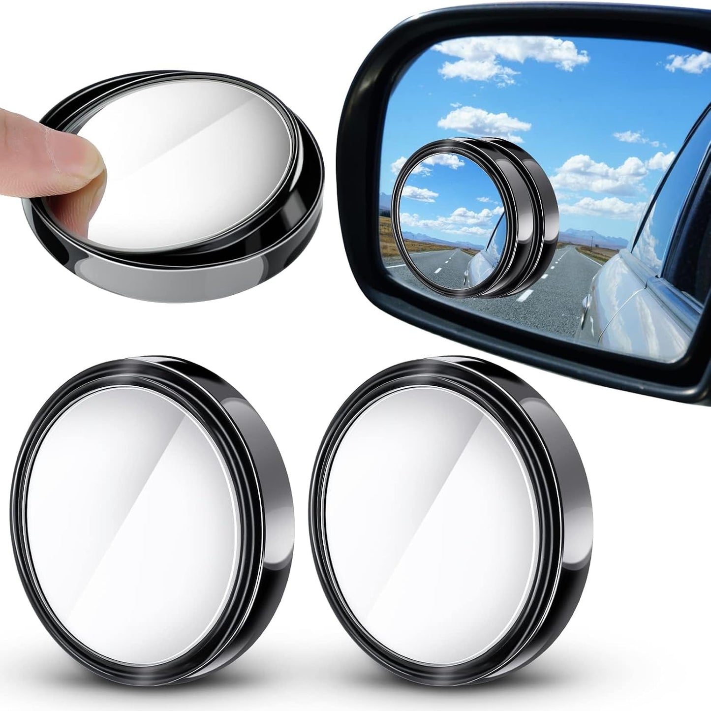 2 Pieces Blind Spot Mirror - 2" Round HD Glass Convex Rear View Mirror with Frame, 360° Wide Angle Side View Mirror Accessories with Self Adhesive Back for Car SUV and Trucks(Black)