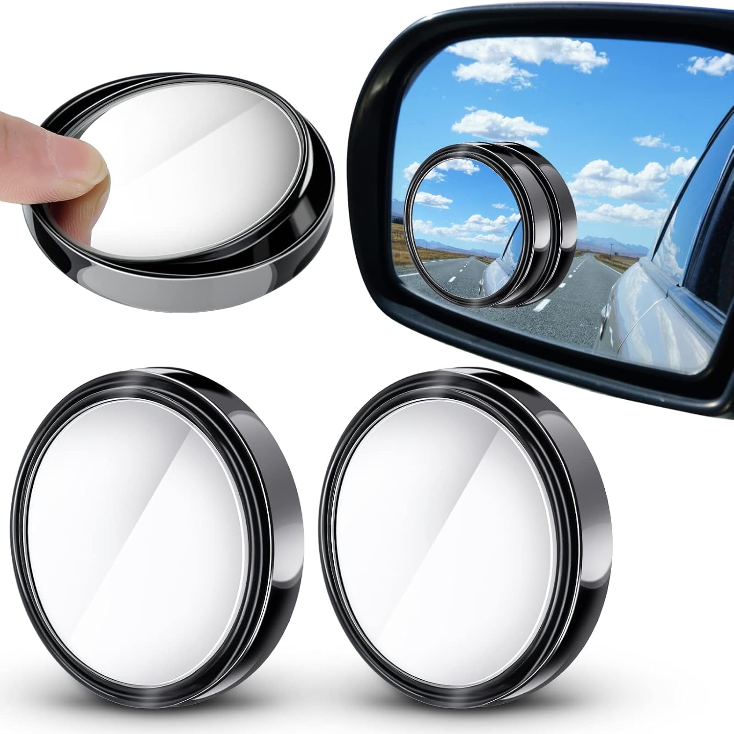 2 Pieces Blind Spot Mirror - 2" Round HD Glass Convex Rear View Mirror with Frame, 360° Wide Angle Side View Mirror Accessories with Self Adhesive Back for Car SUV and Trucks(Black)