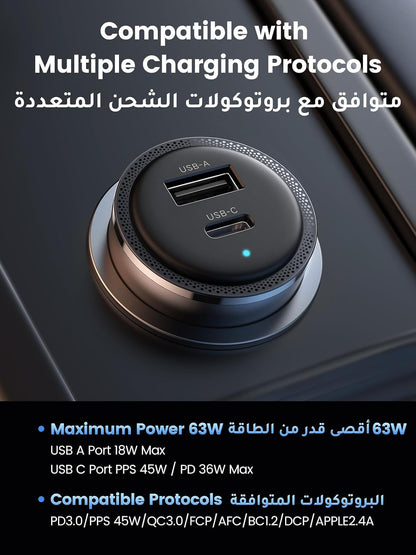UGREEN Car Charger 63W for Samsung S25 Ultra, Car Battery Charger Type C Fast Charging, Samsung Super Fast 45W PPS Dual USB Phone Adapter, for Galaxy S25/S24/S23 Ultra, iPhone 17/16/15 Series, Macbook