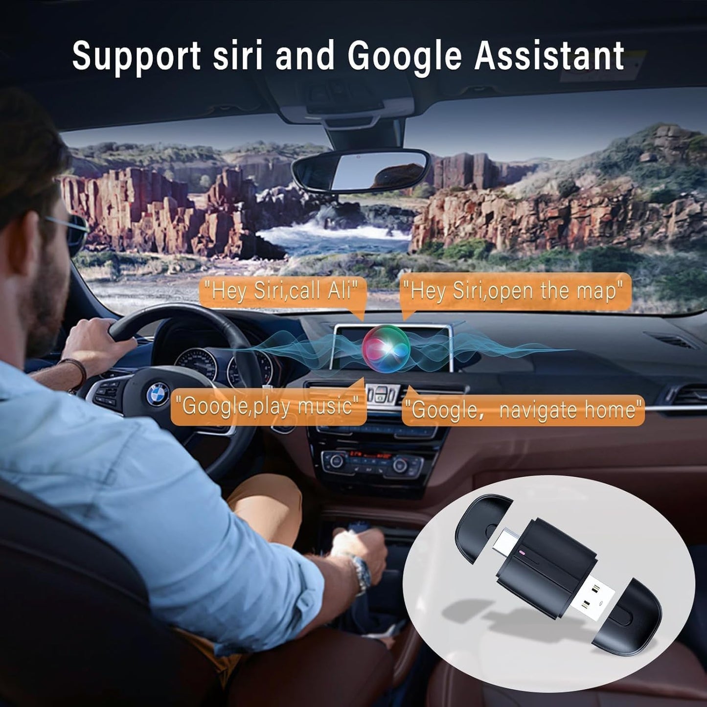 محول كاربلاي لاسلكي لايفون، USB A ونوع C، مطور سلكي الى لاسلكي كاربلاي، التوصيل والتشغيل، تصميم مضغوط، متوافق مع سيارات 2017+، اي او اس 10 وما فوق، اسود