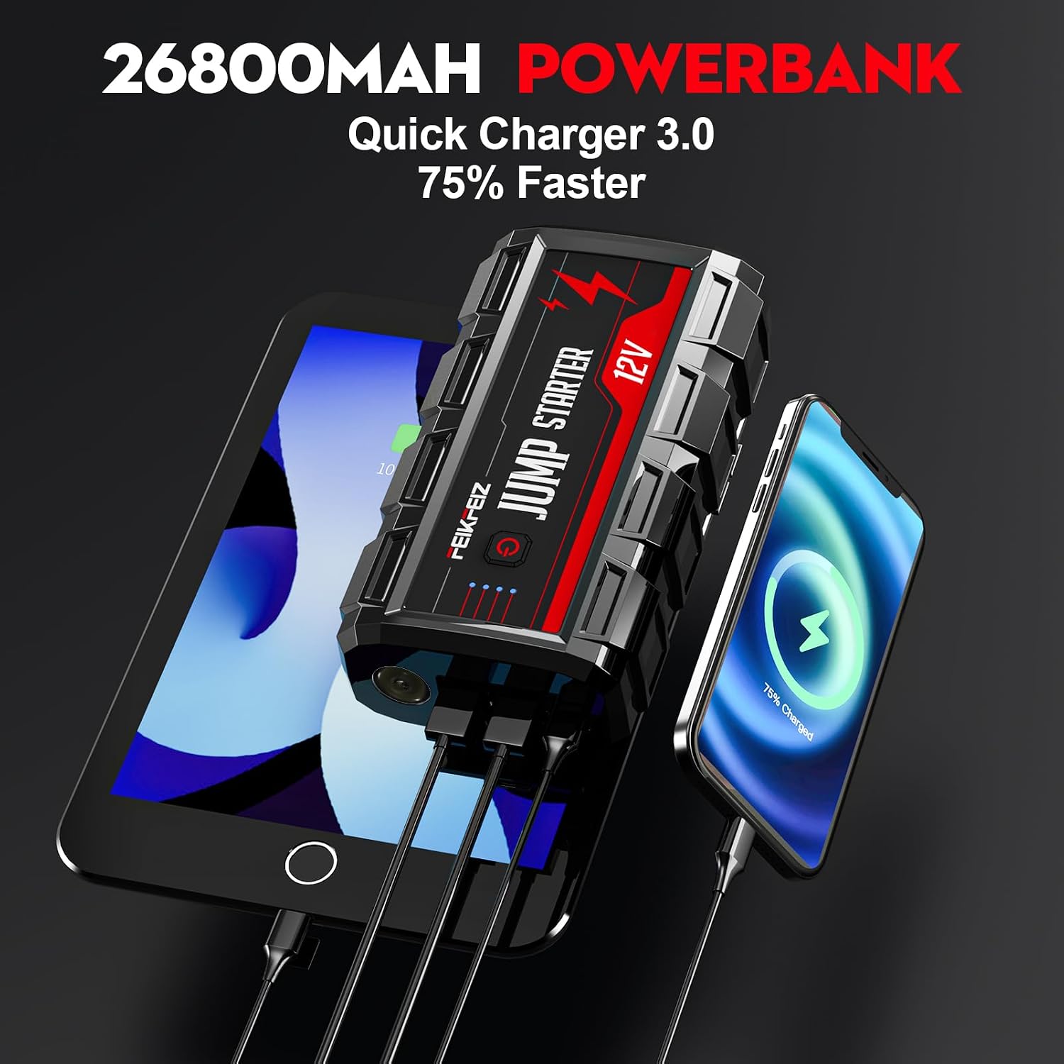 FEIKFEIZ Car Jump Starter 6000A Peak 26800mAh 12V Super Safe Jump Starter(Up to All Gas, 10.0L Diesel Engine), with USB Quick Charge 3.0
