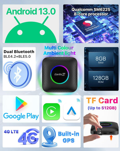 كارلين نت احدث ايه اي بوكس LED، اندرويد 13، كوالكوم 6225، 8GB+128GB، دونجل كاربلاي لاسلكي اندرويد اوتو 3 في 1 يأتي مع متجر جوجل بلاي، بث فيديو، فقط للسيارة مع كاربلاي سلكي