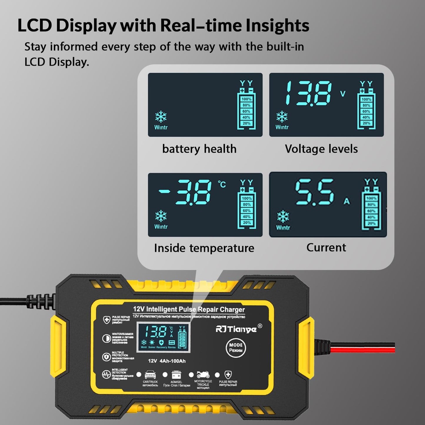 شاحن بطارية السيارة الاوتوماتيكي بالكامل من ليفادا بلس - صيانة ذكية مع شاشة LCD رقمية - وظيفة اصلاح النبض - 12 فولت/6 امبير