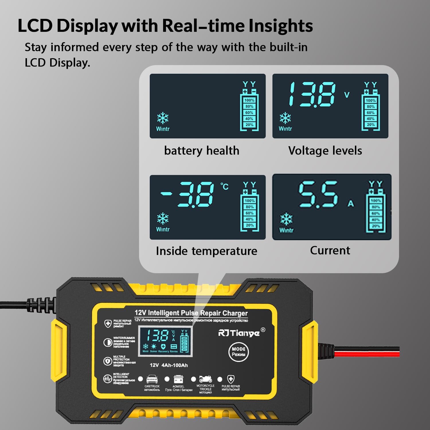 شاحن بطارية السيارة الاوتوماتيكي بالكامل من ليفادا بلس - صيانة ذكية مع شاشة LCD رقمية - وظيفة اصلاح النبض - 12 فولت/6 امبير