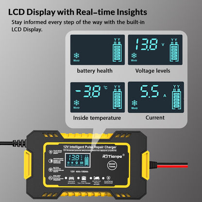 شاحن بطارية السيارة الاوتوماتيكي بالكامل من ليفادا بلس - صيانة ذكية مع شاشة LCD رقمية - وظيفة اصلاح النبض - 12 فولت/6 امبير