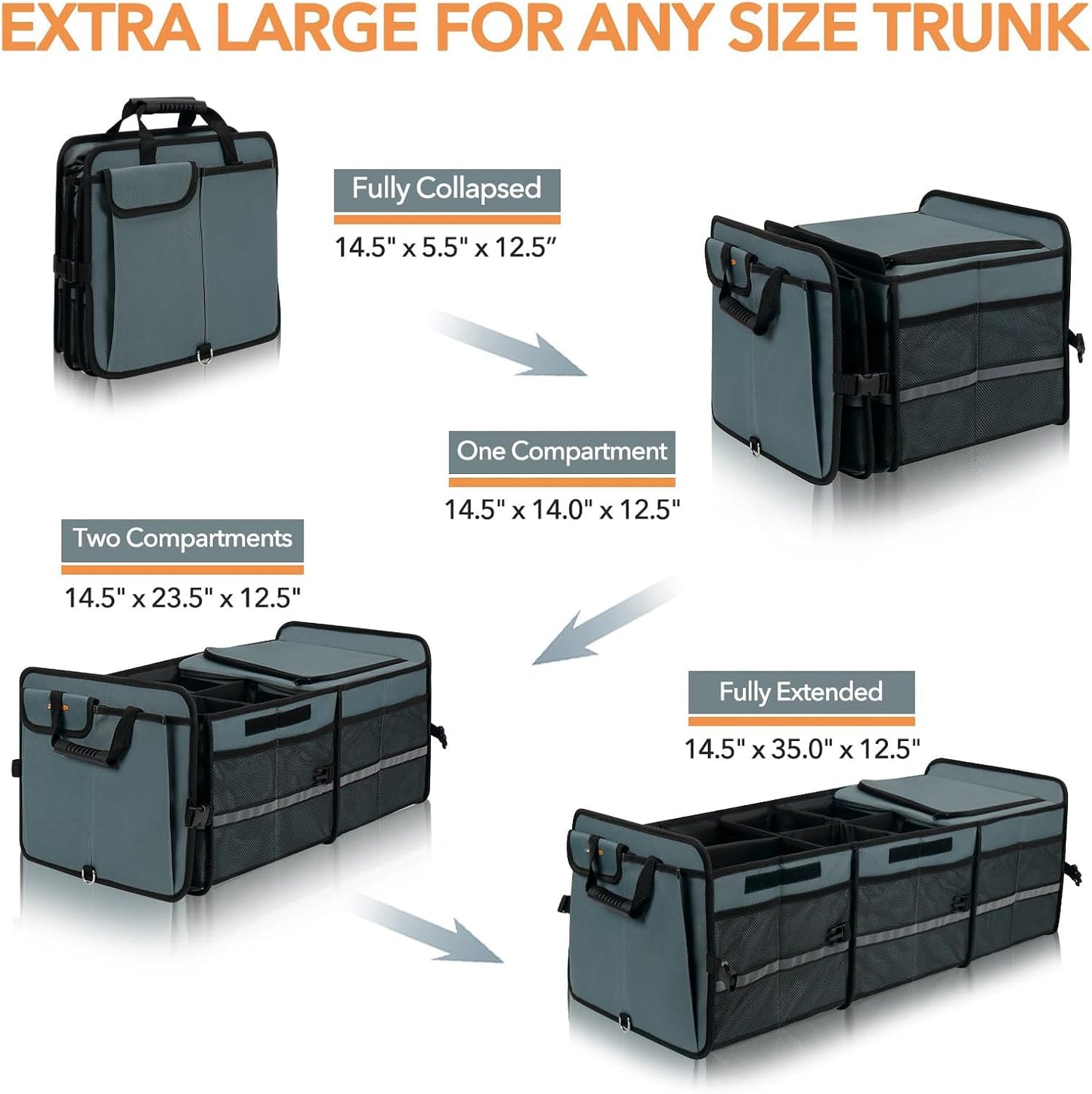 Trunk Organizer With Built-in Leakproof Cooler Bag, 2 Tie-Down Straps, 4 Removable Dividers, Foldable Cover, Built with 2mm PE Board, Gray