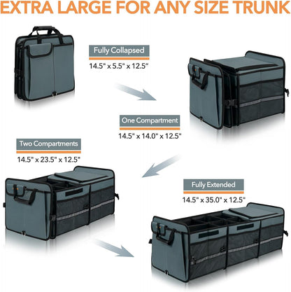 Trunk Organizer With Built-in Leakproof Cooler Bag, 2 Tie-Down Straps, 4 Removable Dividers, Foldable Cover, Built with 2mm PE Board, Gray