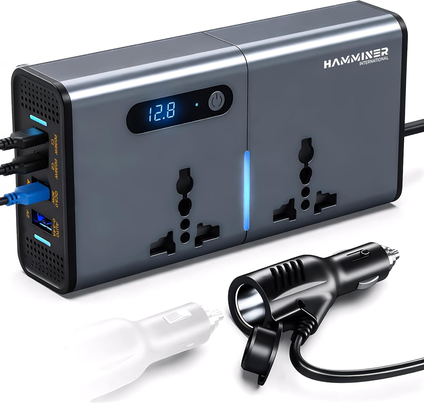 محول طاقة للسيارة 200 واط من هامنر، محول تيار مستمر 12 فولت الى 220 فولت تيار متردد 2 منفذ USB 2 منفذ نوع C، محول قابس السيارة مع مفتاح وشاشة LED تيارية، مناسب للسيارات وسيارات الدفع الرباعي والشاحنات