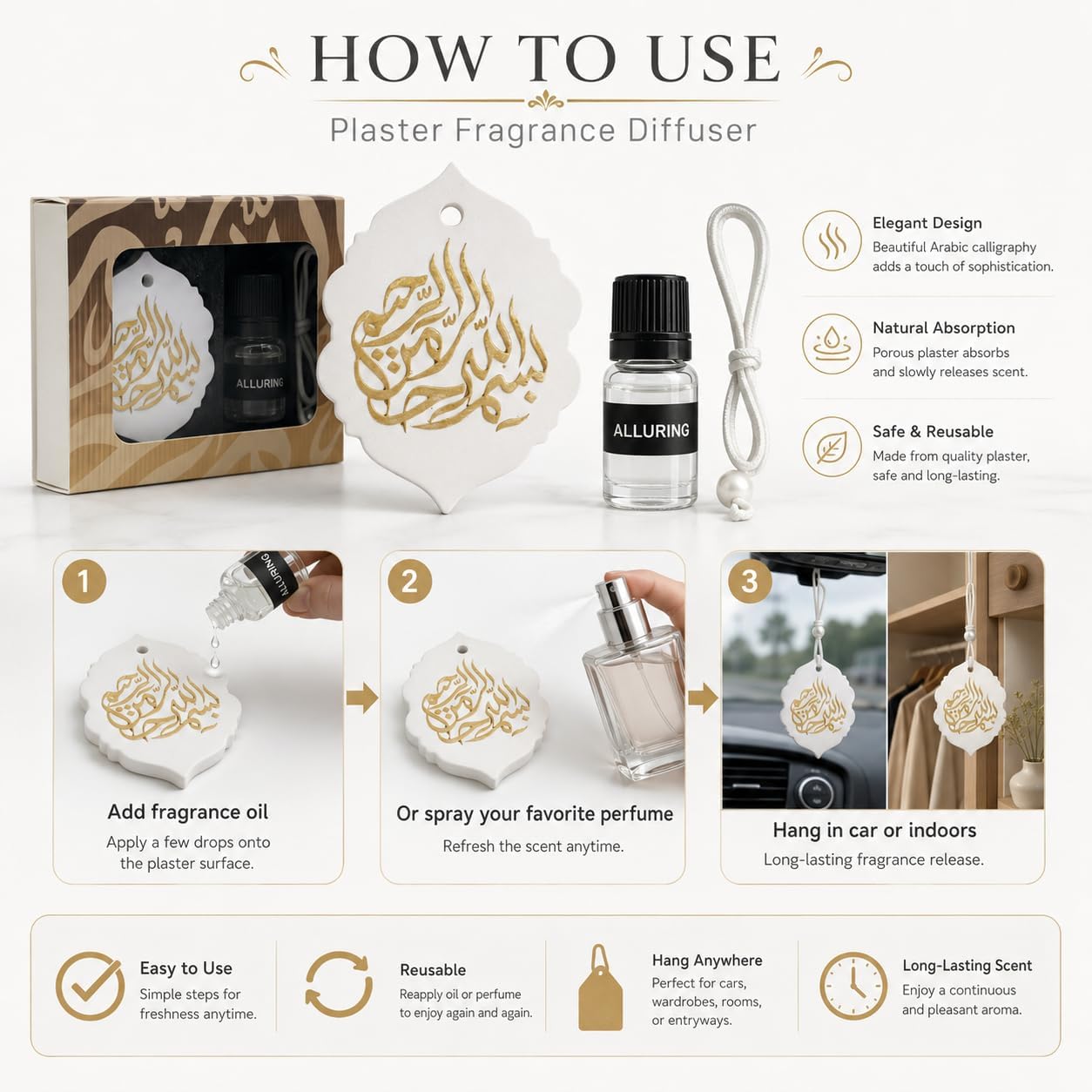 CLAWCARES Lavender Scent Plaster Diffuser Hanging Car Air Freshener, Refillable Plaster Aroma Essential Oil Diffuser with Basmalah Calligraphy, Long-Lasting Fragrance Ornament for Car, Home