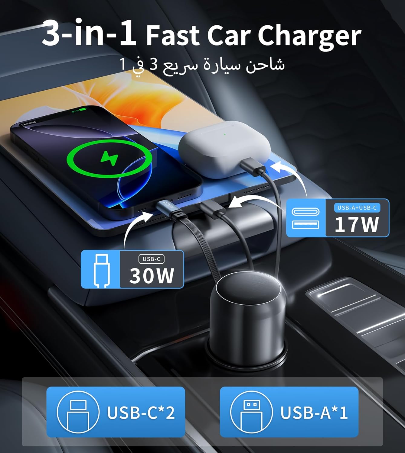 XXZU 3-in-1 Fast Car Charger, 60W Retractable Car Charger with 70cm Built-in USB C Cable, Cigarette Lighter Adapter with USB C & USB A Ports, Compatible with iPhone Series, Samsung Galaxy, Pixel, iPad