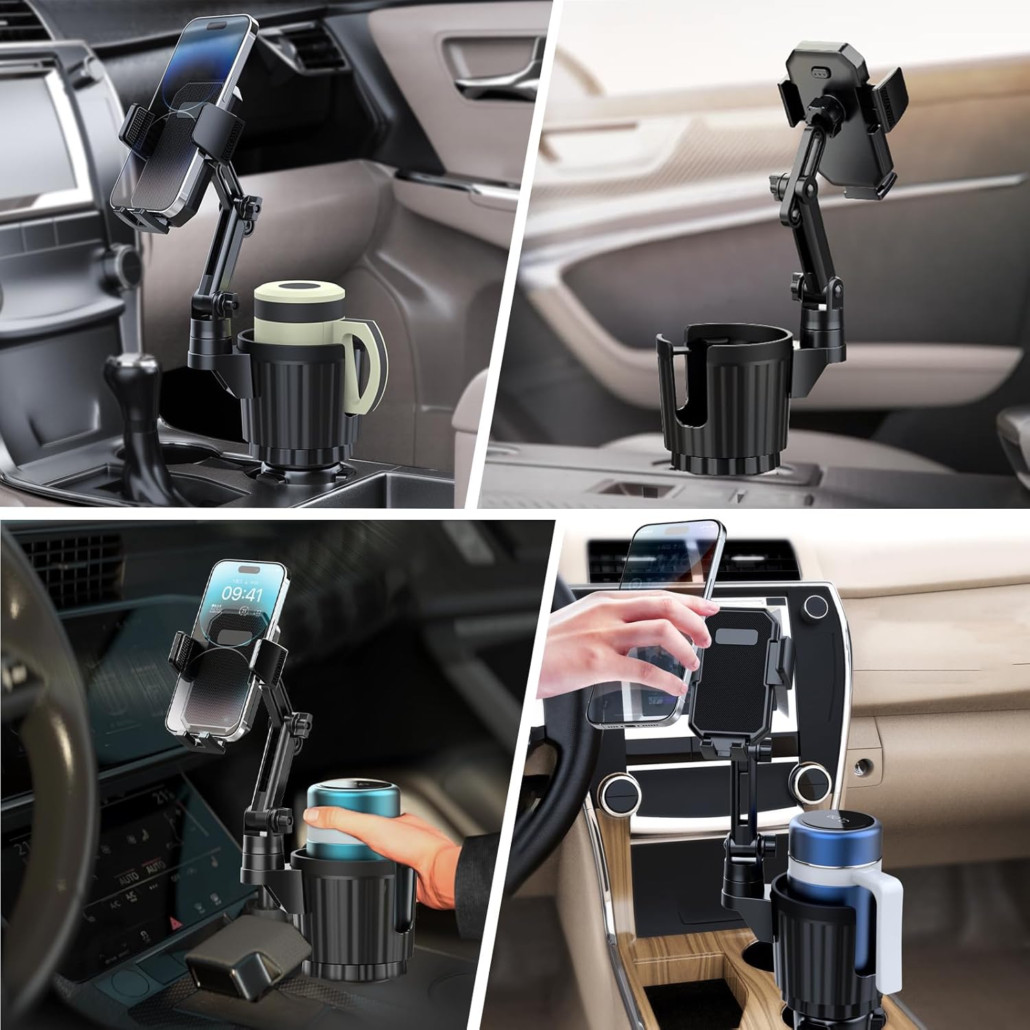 Car Cup Holder Phone Mount, 2-in-1 Universal Stand with Cup Holder Expander, 360° Rotation, Black, ABS Plastic, compatible with iPhone and Android