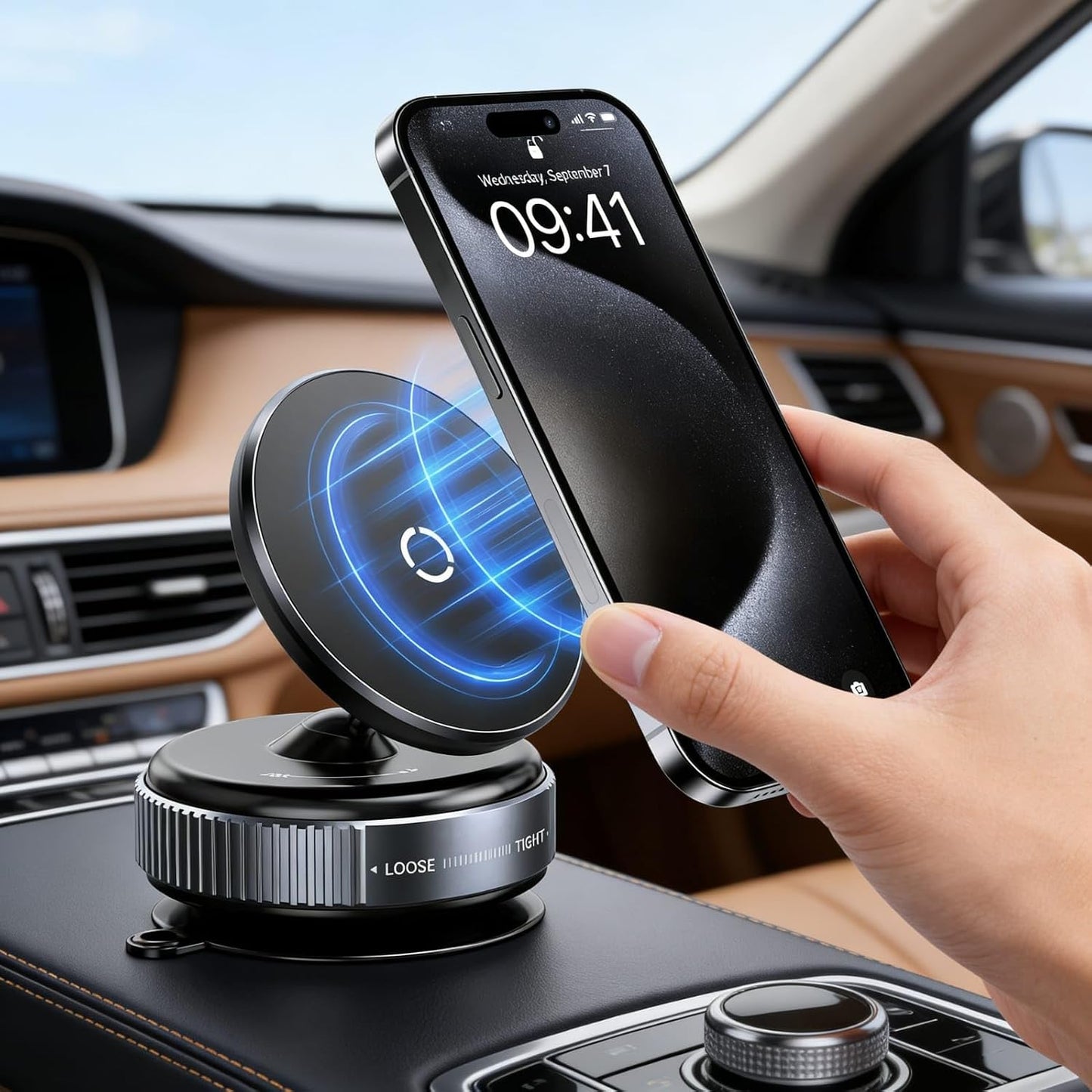 Vacuum Magnetic Car Phone Holder, 360° Rotatable Suction Cup Phone Mount with Strong Magnetic Grip, Adjustable MagSafe Compatible Mobile Holder for Car Dashboard, Mirror, Gym & All Smartphones