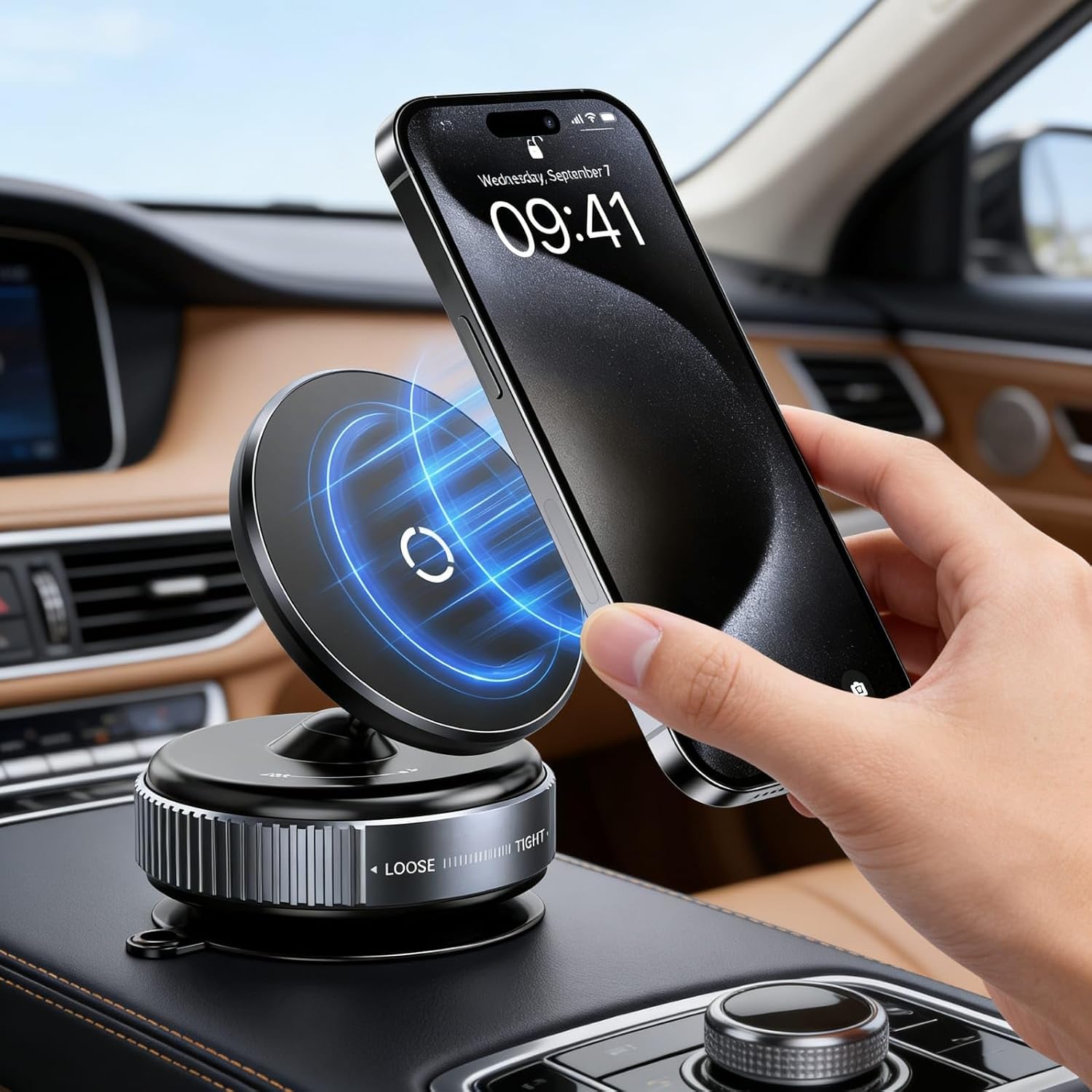 Vacuum Magnetic Car Phone Holder, 360° Rotatable Suction Cup Phone Mount with Strong Magnetic Grip, Adjustable MagSafe Compatible Mobile Holder for Car Dashboard, Mirror, Gym & All Smartphones