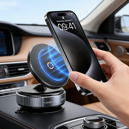 Vacuum Magnetic Car Phone Holder, 360° Rotatable Suction Cup Phone Mount with Strong Magnetic Grip, Adjustable MagSafe Compatible Mobile Holder for Car Dashboard, Mirror, Gym & All Smartphones