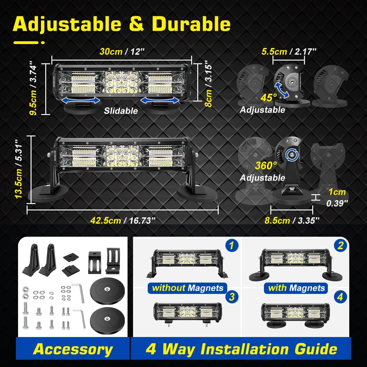 Magnetic Light Bar, 12 Inch Portable Cigarette Lighter Magnetic Spotlight 12V for Car, Super Bright Strong Magnets Adjustable 4 Way Mount LED Work Light Bar for 4X4 ATV Boat Trailer Van Truck
