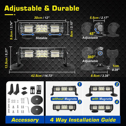 Magnetic Light Bar, 12 Inch Portable Cigarette Lighter Magnetic Spotlight 12V for Car, Super Bright Strong Magnets Adjustable 4 Way Mount LED Work Light Bar for 4X4 ATV Boat Trailer Van Truck