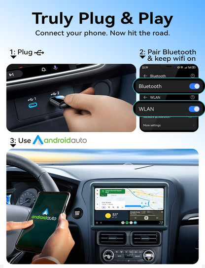 Wireless Android Auto Adapter, Latest Upgrade Stable Fast Mini Dongle, Metal Frame Glass Panel, Convert Wired Android Auto to Wireless, Plug and Play, for Android 11+ & Cars with Wired AA