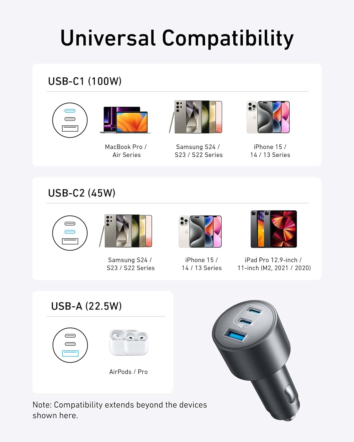 Anker Car Charger, 167.5W Max 3-Port Car Charger Adapter, USB-C Car Adapter for MacBook Pro/Air, iPhone 17/16 Series, Samsung S26/ S25/ S24, iPad, Huawei, Xiaomi, Vivo, Oppo(USB-C to C Cable Included)