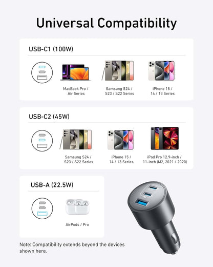 Anker Car Charger, 167.5W Max 3-Port Car Charger Adapter, USB-C Car Adapter for MacBook Pro/Air, iPhone 17/16 Series, Samsung S26/ S25/ S24, iPad, Huawei, Xiaomi, Vivo, Oppo(USB-C to C Cable Included)