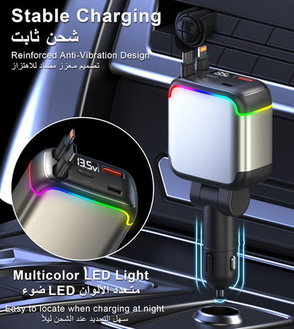 XXZU 137W Retractable Car Charger, 65W USB C Fast Charging with Dual Retractable Cables, 2 Charging Ports, Voltage Display, Cigarette Lighter, 4-in-1 Car Charger Adapter for iPhone/Android/iPad/Laptop