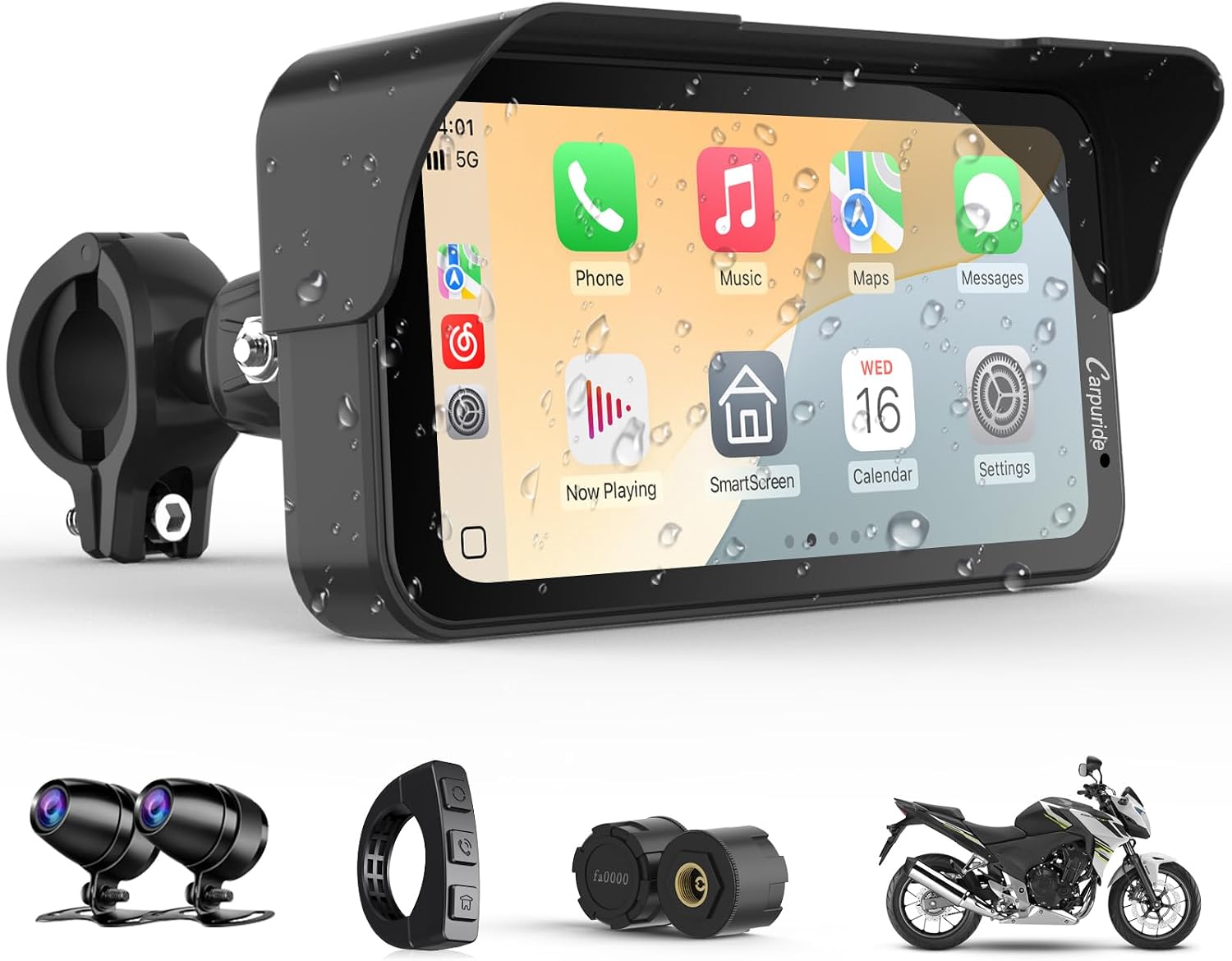Carpuride Motorcycle GPS Carplay Screen, 6.3 Inch Wireless CarPlay and Android Car for Moto, with Dual Cameras and TPMS, Remote Control, IP67 Waterproof, BT Aduio, Loop Recording