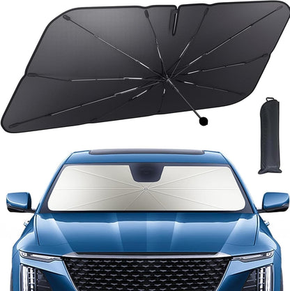 Car Windshield Sunshade Umbrella, 360° Bendable 10-Rib Fiberglass Frame Foldable Thickened Titanium Silver for Front Window Interior Sun Protection UV Resistant, for Medium Sedan SUV (140x80CM)