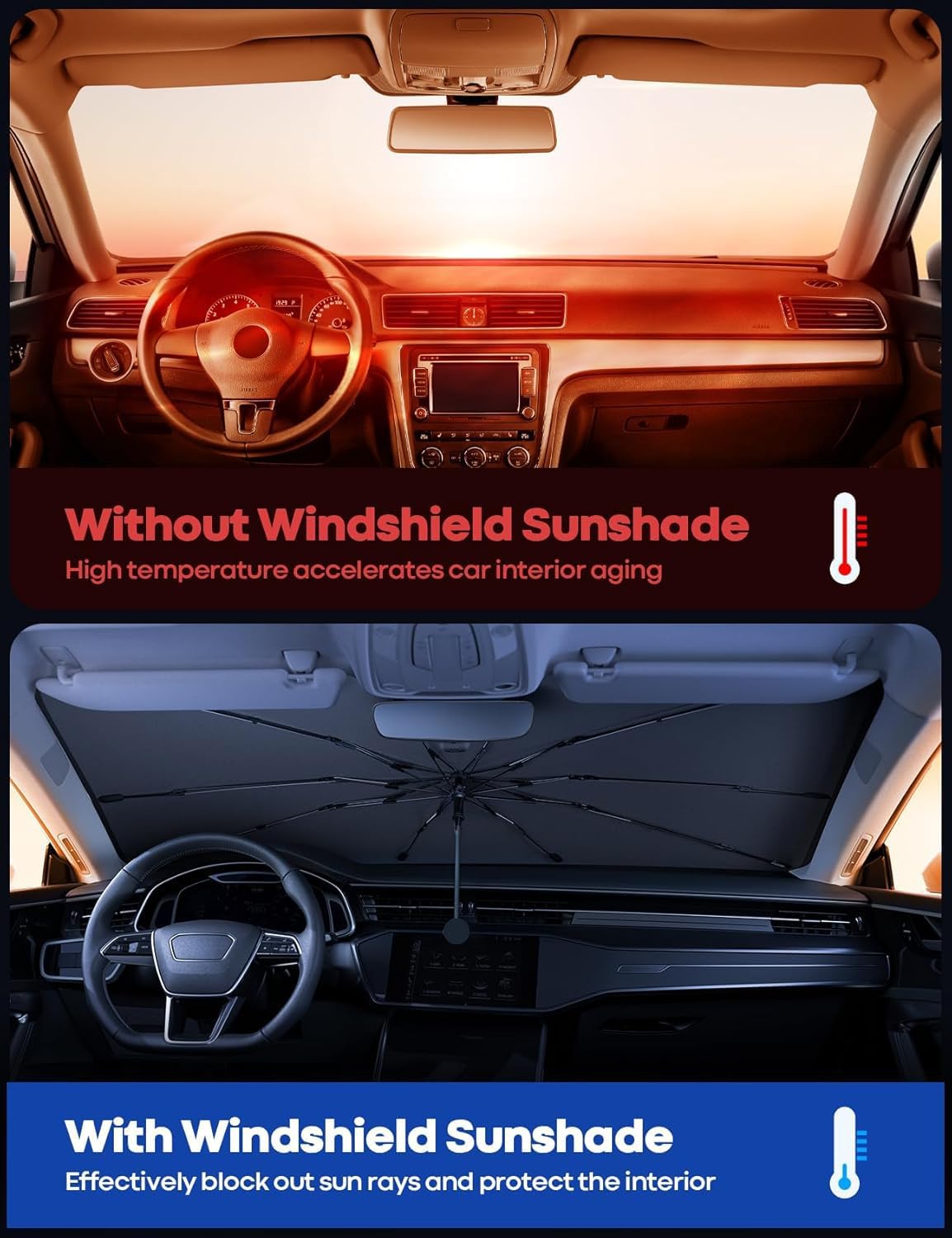 Car Windshield Sunshade Umbrella, 360° Bendable 10-Rib Fiberglass Frame Foldable Thickened Titanium Silver for Front Window Interior Sun Protection UV Resistant, for Medium Sedan SUV (140x80CM)
