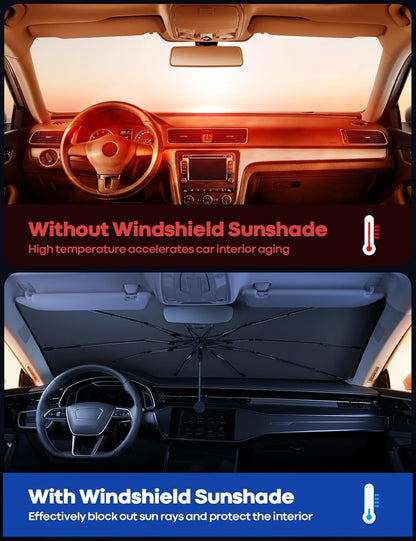 Car Windshield Sunshade Umbrella, 360° Bendable 10-Rib Fiberglass Frame Foldable Thickened Titanium Silver for Front Window Interior Sun Protection UV Resistant, for Medium Sedan SUV (140x80CM)