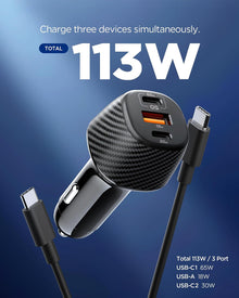Spigen ArcStation Essential 113W USB C Fast Car Charger [E-Marker Cable Included] 3 Ports Mini Cigarette Lighter Charger, Compatible with iPhone 17 16 Pro Max Samsung S25 Ultra Pixel 10 Pro XL Fold