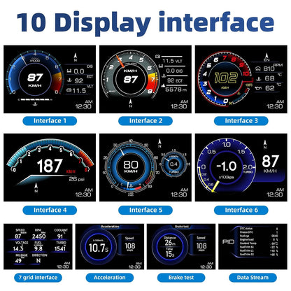 شاشة عرض OBD2+GPS مزدوجة الوضعية للسيارة، 10 واجهات وطريقتان للتركيب، مقياس ذكي لبيانات قيادة السيارة مع سرعة دورة في الدقيقة ودرجة حرارة الماء والوقود وانذار السرعة الزائدة وماسح رمز الخطأ