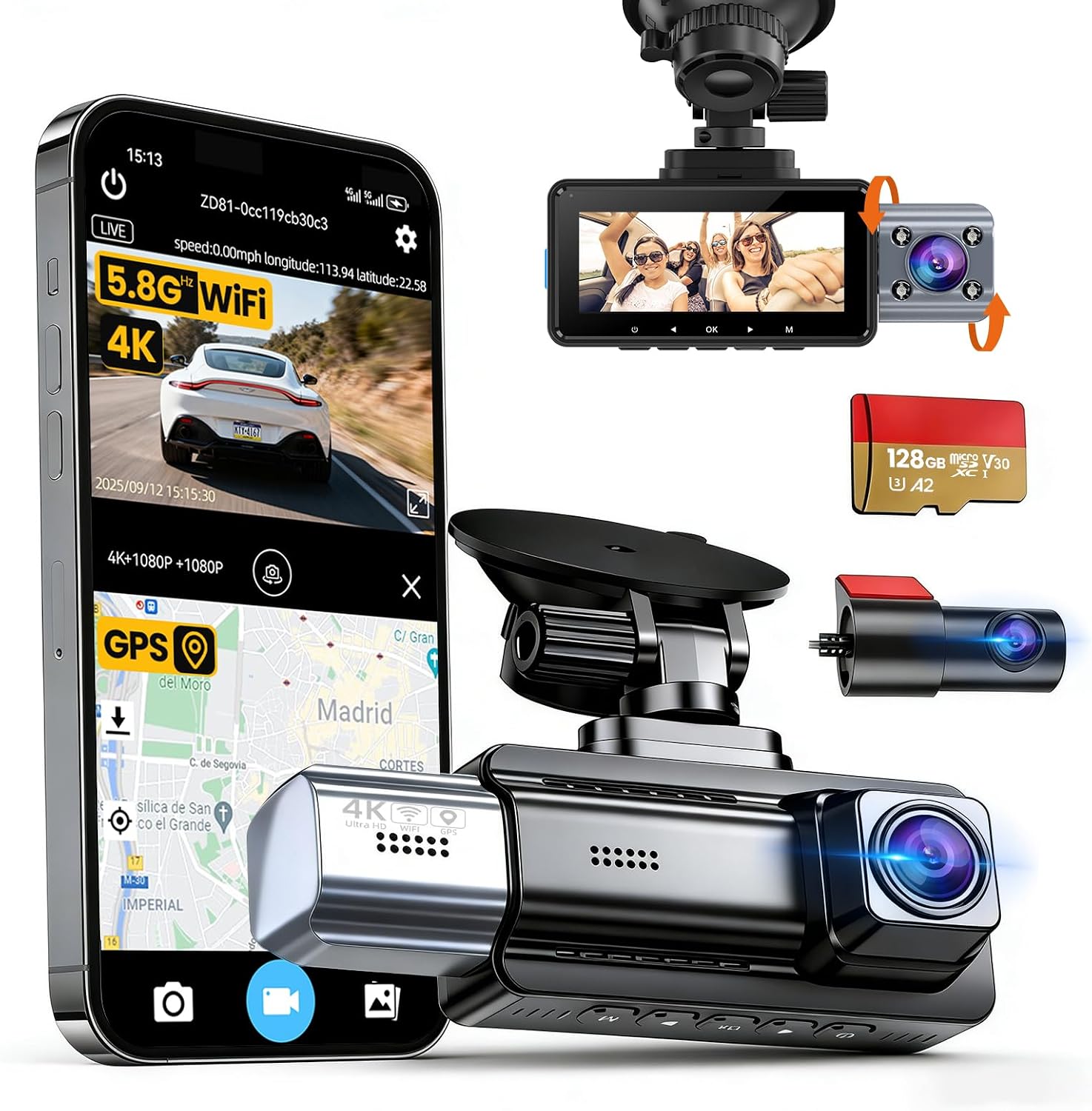 JIMIMAX 4K 3 Channel Dash Cam, 4K+1080P+1080P Front Inside and Rear Cameras, 5.8GHz WiFi 45MB/s Download, Dash Camera for Cars with 3.16" IPS Screen for Parking Monitor, G Sensor -128GB Card Included