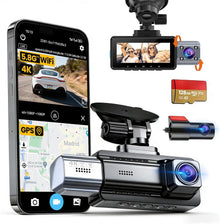 JIMIMAX 4K 3 Channel Dash Cam, 4K+1080P+1080P Front Inside and Rear Cameras, 5.8GHz WiFi 45MB/s Download, Dash Camera for Cars with 3.16" IPS Screen for Parking Monitor, G Sensor -128GB Card Included
