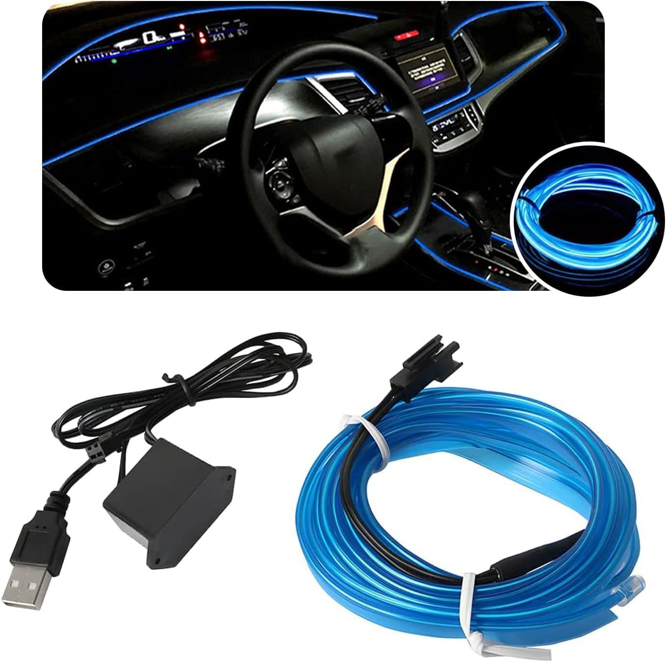 Interior Car LED Strip Lights, USB Auto Neon Light Strip with Sewing Edge, 5m Neon Light 5V with Fuse Protection, Car Ambient Lighting Kits (Blue)