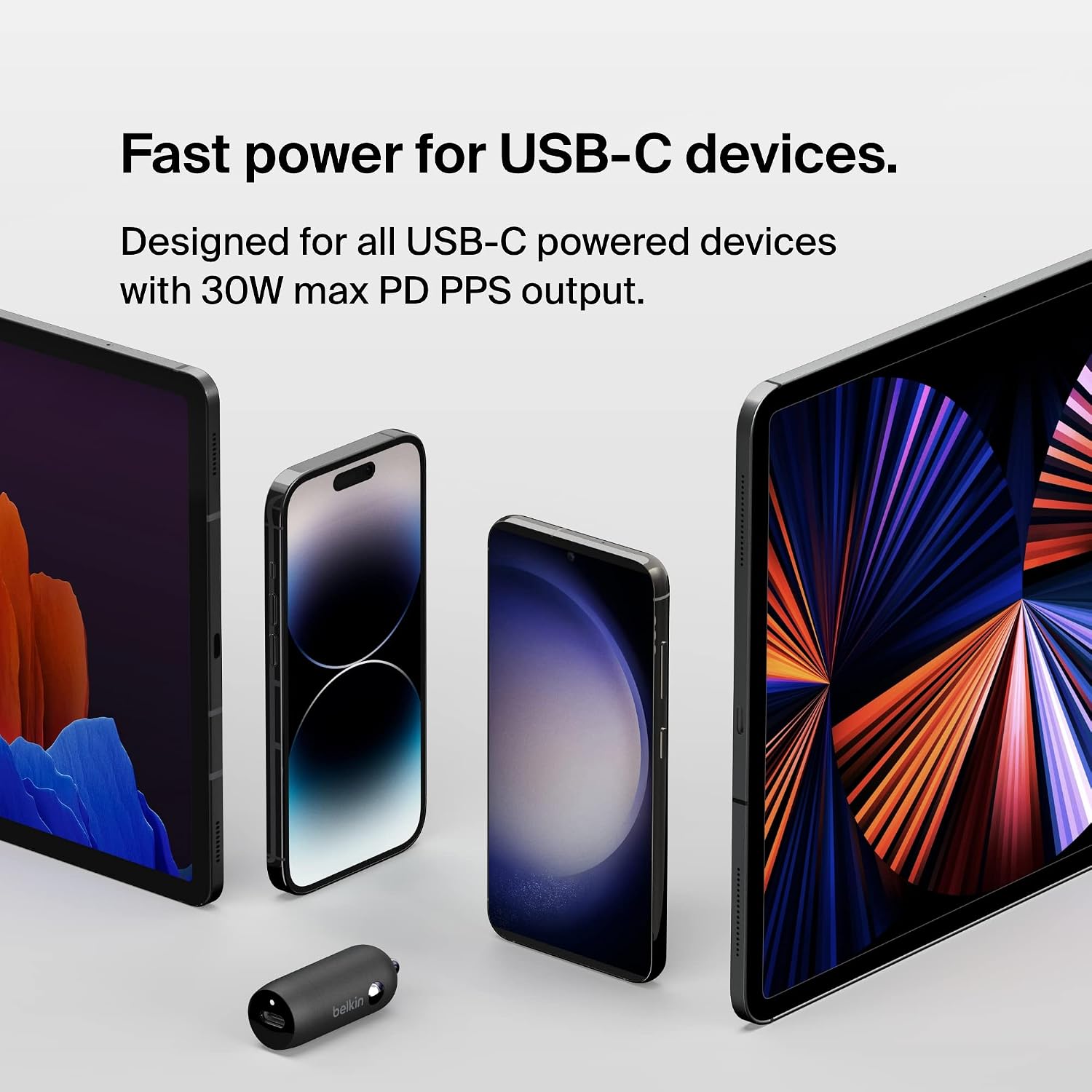شاحن سيارة سريع Belkin BoostCharge 30W، تصميم صغير الحجم مع منفذ توصيل طاقة USB-C، شاحن سيارة USB متوافق عالميًا مع iPhone 16 و15 وSamsung Galaxy S23 وNote وPixel والمزيد - أسود