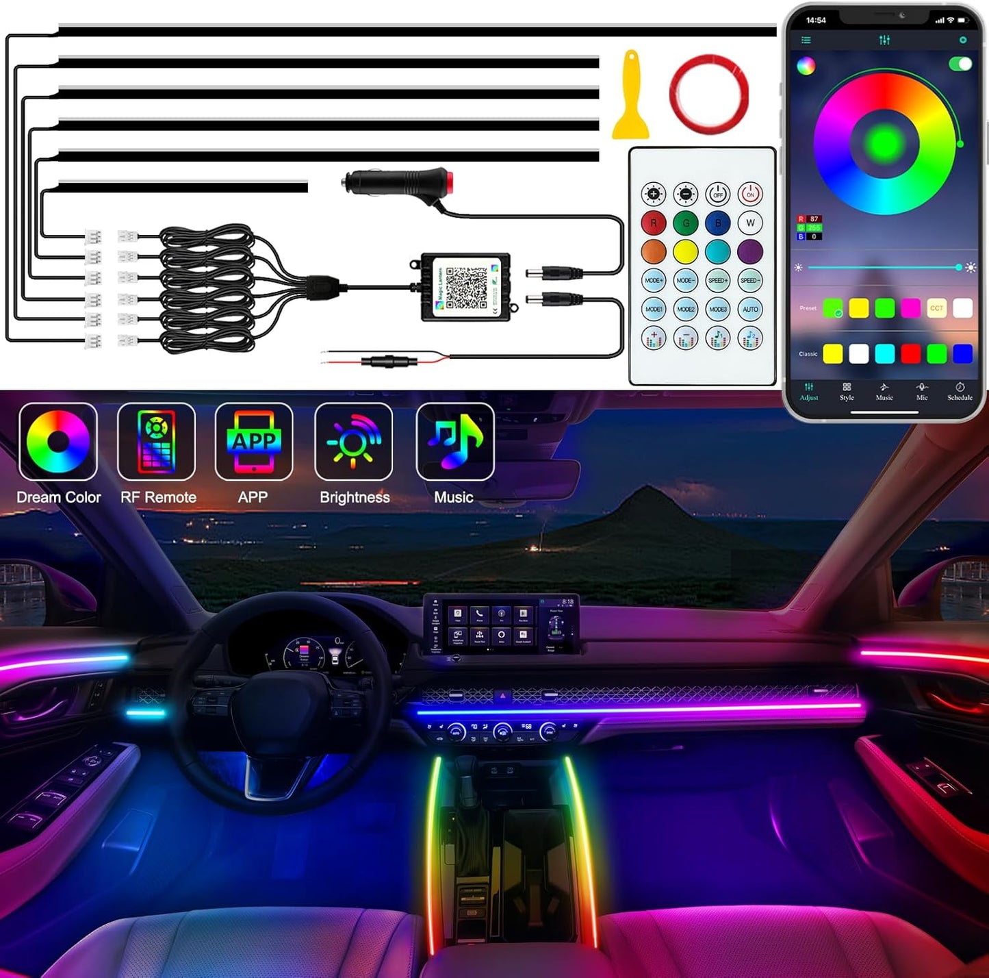 اضواء شريط داخلي LED للسيارة من جوشوب، اضواء LED اكريليك للسيارة مع تقنية Dreamcolor الديناميكية، مجموعة اضاءة محيطة مع تحكم لاسلكي في التطبيق وجهاز تحكم عن بعد بالترددات الراديوية (6 في 1)