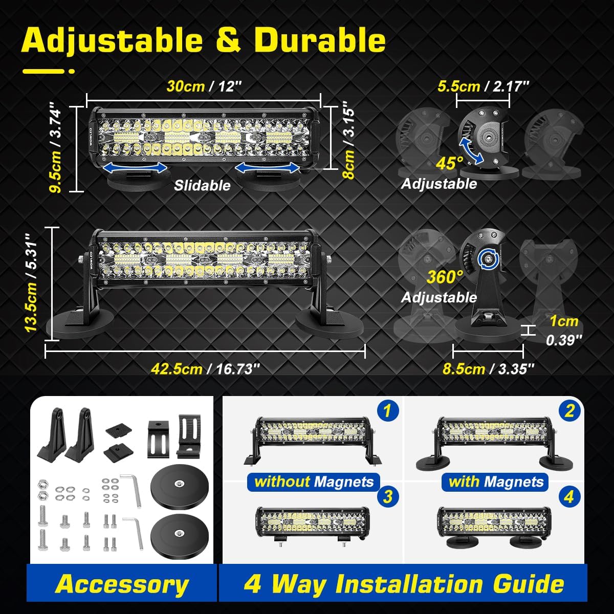Magnetic LED Light Bar, Super Bright 12 Inch Combo Beam Cigarette Lighter Light Strip 6000 K with Strong Magnets 4-Way Mounting, 12 V 24 V Tractor Work Light Strip for ATV Cars Trailers