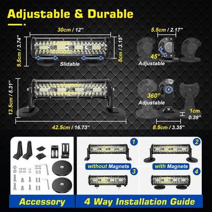 Magnetic LED Light Bar, Super Bright 12 Inch Combo Beam Cigarette Lighter Light Strip 6000 K with Strong Magnets 4-Way Mounting, 12 V 24 V Tractor Work Light Strip for ATV Cars Trailers