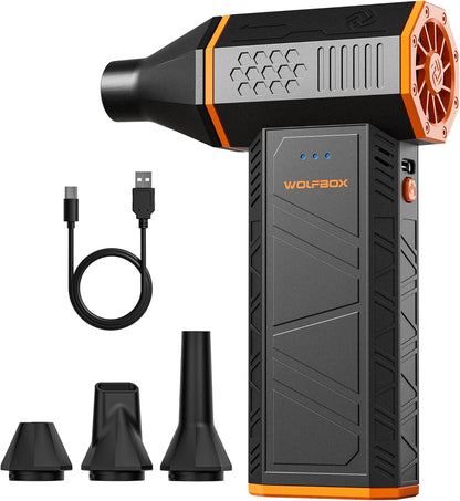 منفاخ هواء كهربائي من طراز MegaFlow 50 من WOLFBOX بسرعة 110000 دورة في الدقيقة، منفاخ صغير قابل لضبط 3 سرعات، لاسلكي، شحن سريع، مناسب لإزالة الغبار في أجهزة الكمبيوتر، لوحات المفاتيح، السيارات