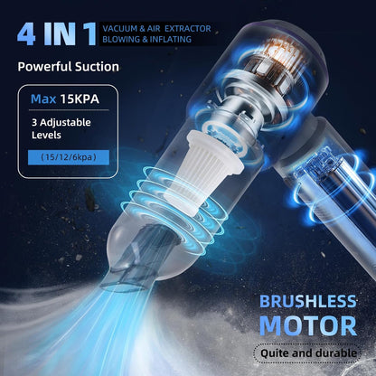 Car Vacuum Cleaner Cordless,Wireless Mini Vacuum Cleaner 4-in-1 Small Compressed Air Duster & Air Blower & Pump，Portable Handheld Vacuum with Brushless Motor for Car, Home, Office,Camping