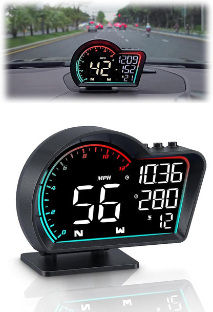 HUD Digital Speedometer for Car- Universal Heads Up Display with Oversize Screen, Large LCD MPH Speed & Fatigue Alert, Over-Speed Alarm Compass