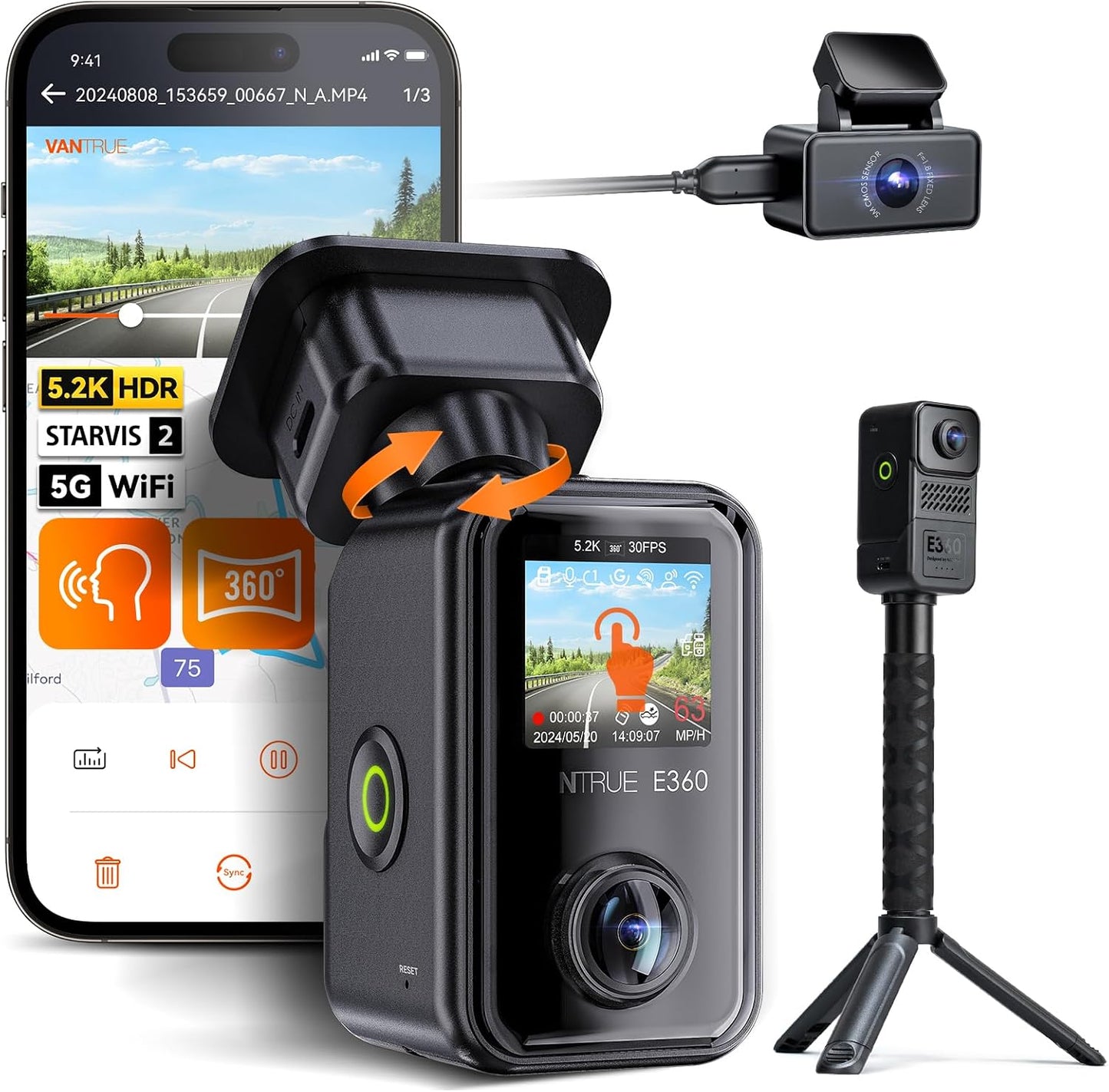 Vantrue E360 ACE 5.2K 360° Panoramic WiFi Dash Cam, Handheld Camera, STARVIS 2, HDR, IR Night Vision, Front Rear Inside Dashcam, Voice/Touch Control, GPS, 24/7 Buffered Parking Mode, Support 512GB Max