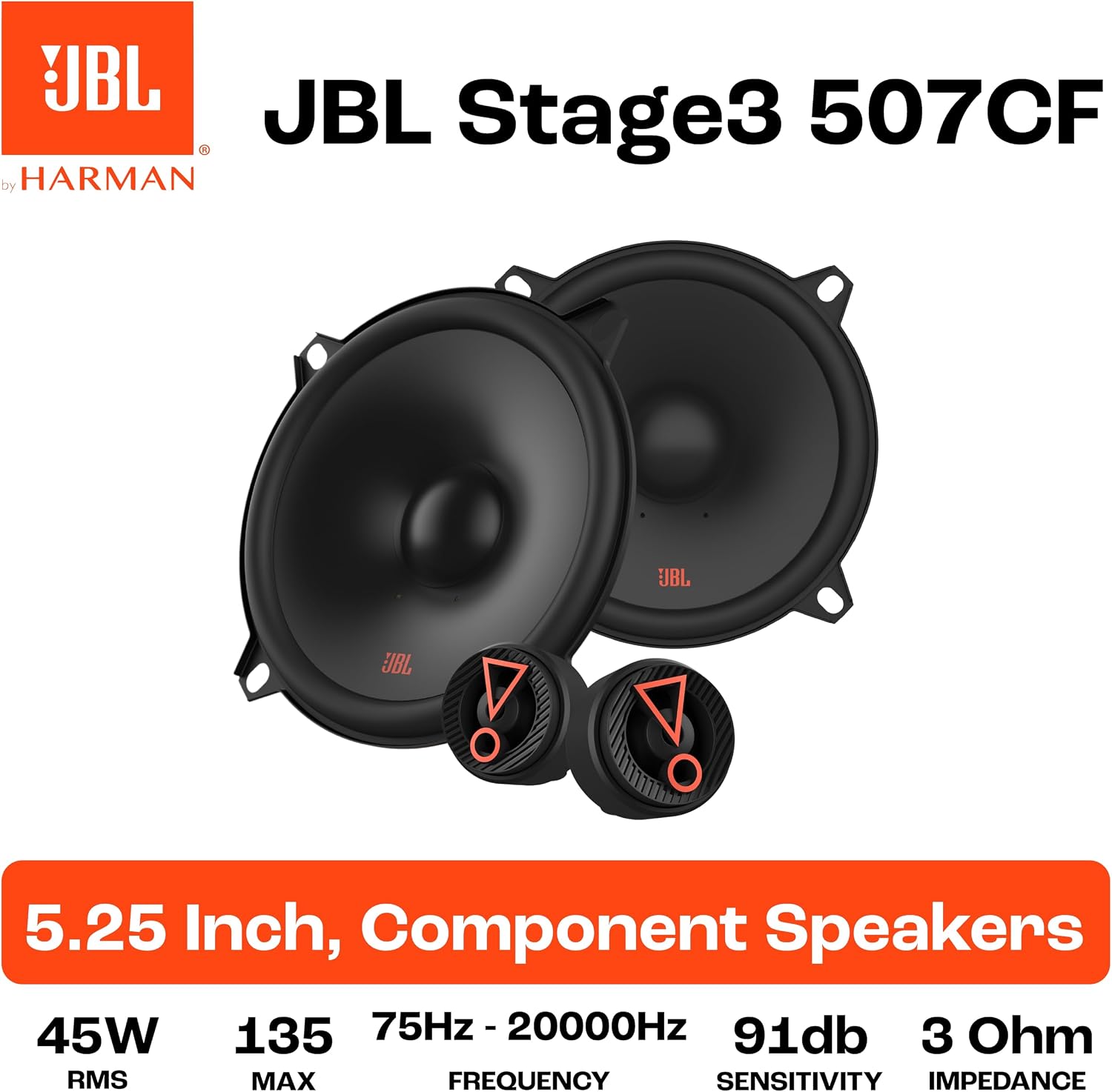 مجموعة مكبرات صوت جيه بي إل هارمان كاردون ستيج 3 507CF للسيارة 135 واط صندوق مكبر صوت سيارة ثنائي الاتجاه 13 سم / 130 ملم / 5 إنش مكبر صوت مدمج بدون شبكة ومكبر صوت 3.25 سم، أسود