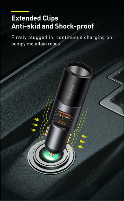 شاحن سيارة USB C 120 واط باسيوس متعدد USB شحن سريع كيو سي 3.0 وبي دي 3.0 30 واط + 30 واط + 60 واط 1 USB، 1 نوع سي ومنافذ توسيع ولاعة السجائر للهواتف الذكية/التابلت/سويتش