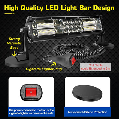 Magnetic Light Bar, 12 Inch Portable Cigarette Lighter Magnetic Spotlight 12V for Car, Super Bright Strong Magnets Adjustable 4 Way Mount LED Work Light Bar for 4X4 ATV Boat Trailer Van Truck