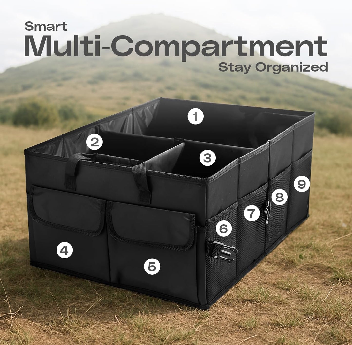 Natna Heavy Duty Foldable Car Trunk Organizer – Universal Fit for All Vehicles, Large Capacity and Spacious, Adjustable Compartments, Mesh Pockets, Collapsible Design, Tool Organizer and storage