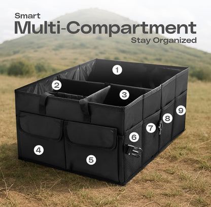 Natna Heavy Duty Foldable Car Trunk Organizer – Universal Fit for All Vehicles, Large Capacity and Spacious, Adjustable Compartments, Mesh Pockets, Collapsible Design, Tool Organizer and storage