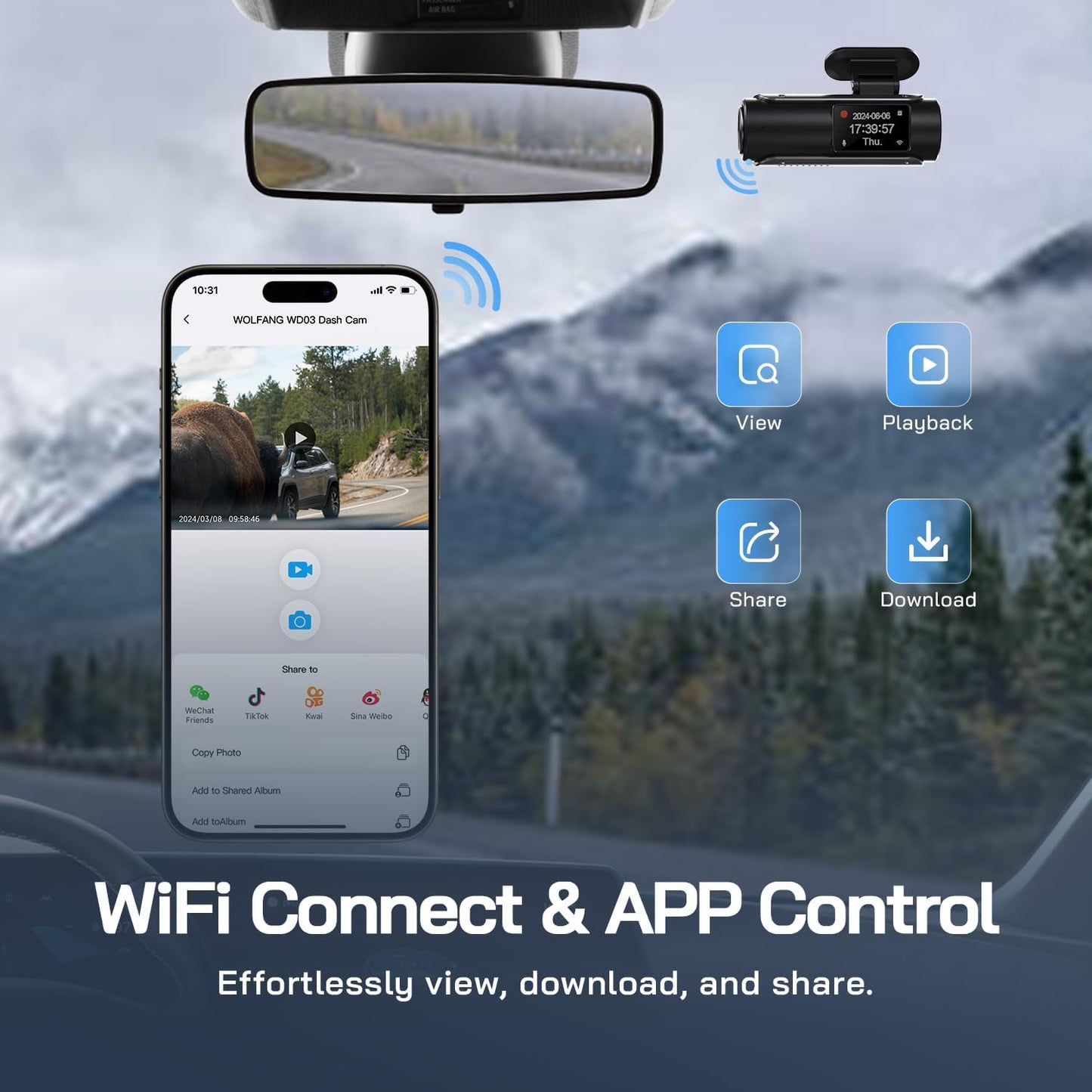 WOLFANG 4K Dash Cam Front and Rear WiFi Dashcam, Dual Car Camera Dash Cam with Super Night Vision, Loop Recording, G-Sensor, 170 Wide Angle, Parking Guard, with SD Card, APP Control