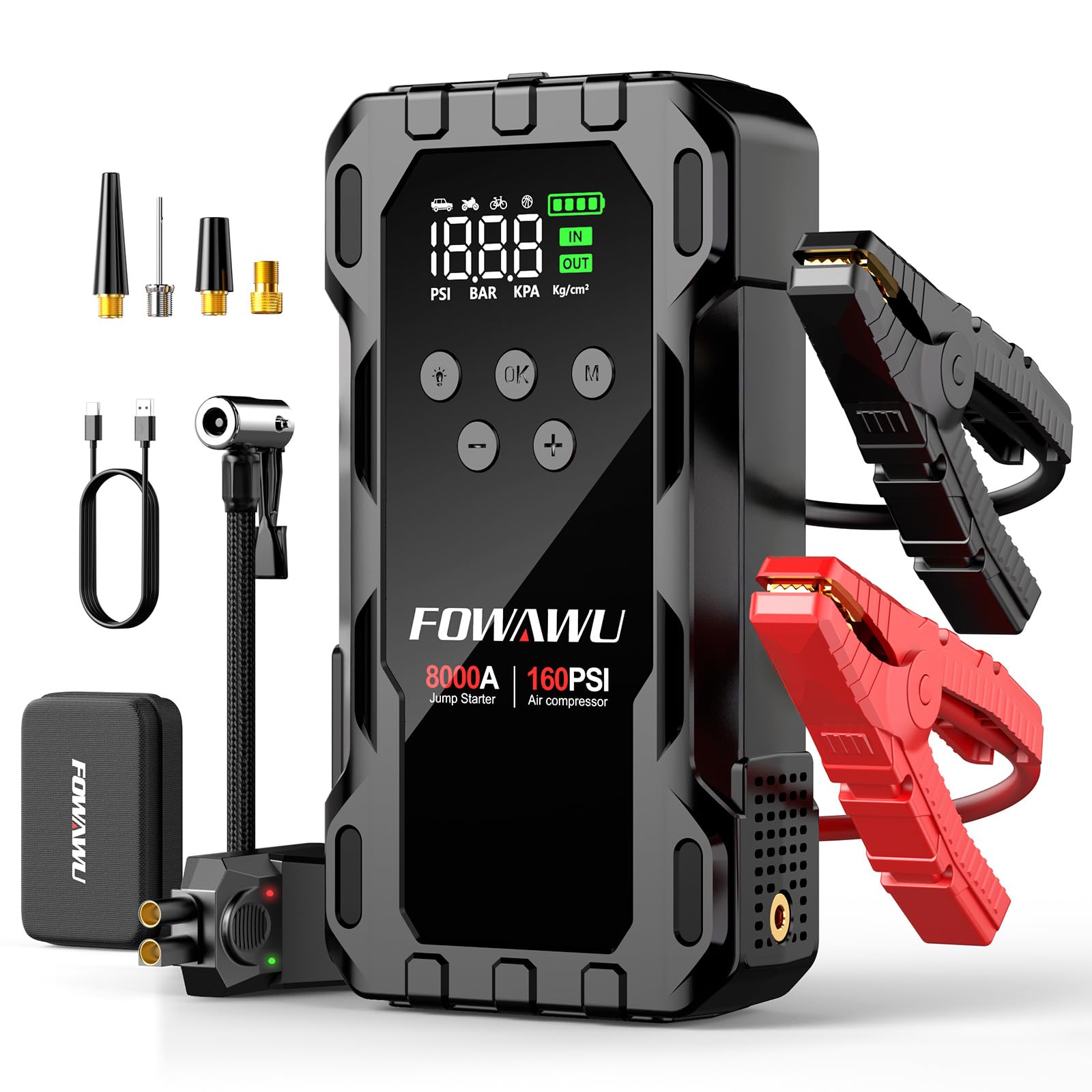 FOWAWU 22800mAh 6000A Peak Jump Starter for 12V Vehicles (10L Petrol / 8L Diesel) and Moto, Car Battery Jump Starter Power Pack with Smart Jumper, 5 * 3.5 CM Large Screen and LED Torch